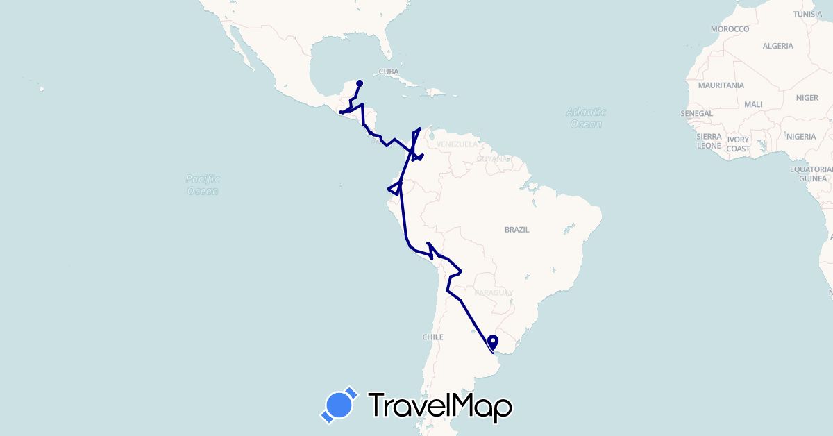 TravelMap itinerary: driving in Argentina, Bolivia, Belize, Chile, Colombia, Costa Rica, Ecuador, Guatemala, Honduras, Mexico, Nicaragua, Panama, Peru (North America, South America)